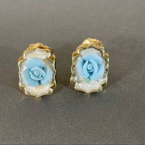 Vintage Ceramic Blue Flower Stud Antique Earrings